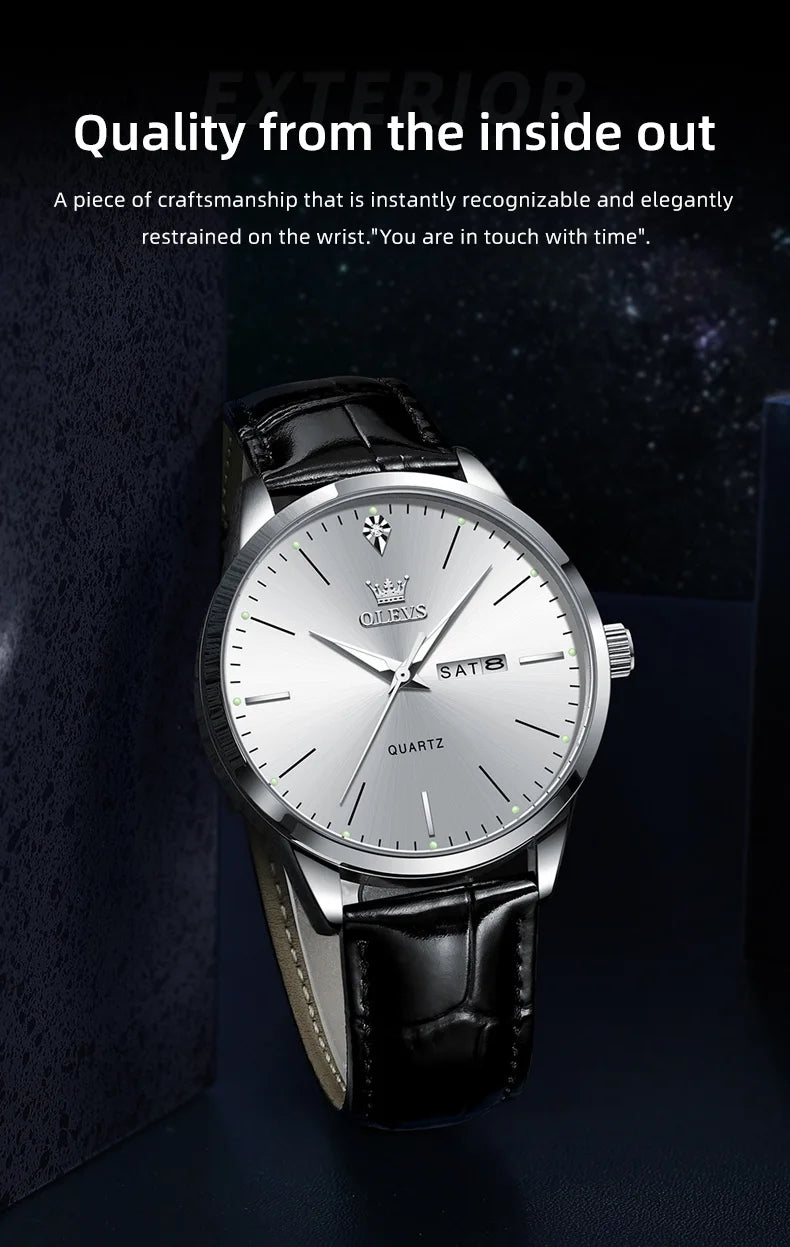 OLEVS 2935 Men's Watch - 43mm, Dual Calendar, Luminous, 3ATM Waterproof, Leather Strap