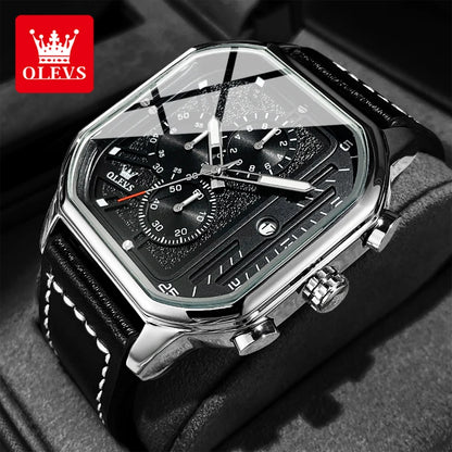 OLEVS 9950 Men's Watch - Square Sport, Waterproof, Leather Strap, Stopwatch, Backlight
