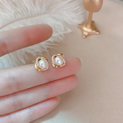 14K Gold Stud Earrings - Zircon and Pearl Twist Design