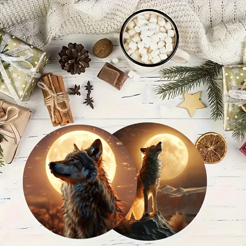 Wolf Theme Wooden Coasters Set - 6 Pieces Desktop Insulation Mats