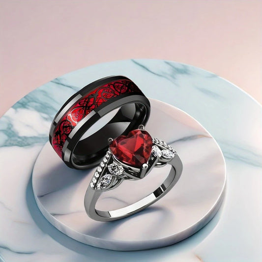 Red Crystal Heart Dragon Couple Rings - Gothic Romantic Jewelry