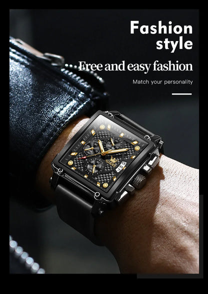 OLEVS 9925 Men's Watch - Luxury Square, Chronograph, Waterproof, Leather Strap