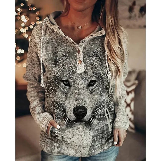 Wolf 3D Print Hoodie Women - Polyester Oversized 500g Pullover