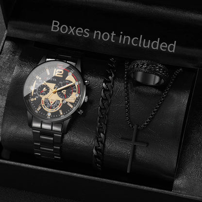 yolako 4pcs Men's Business Quartz Watch, Necklace, Bracelet & Ring Set - Alloy Band, Arabic Numeral, 42mm