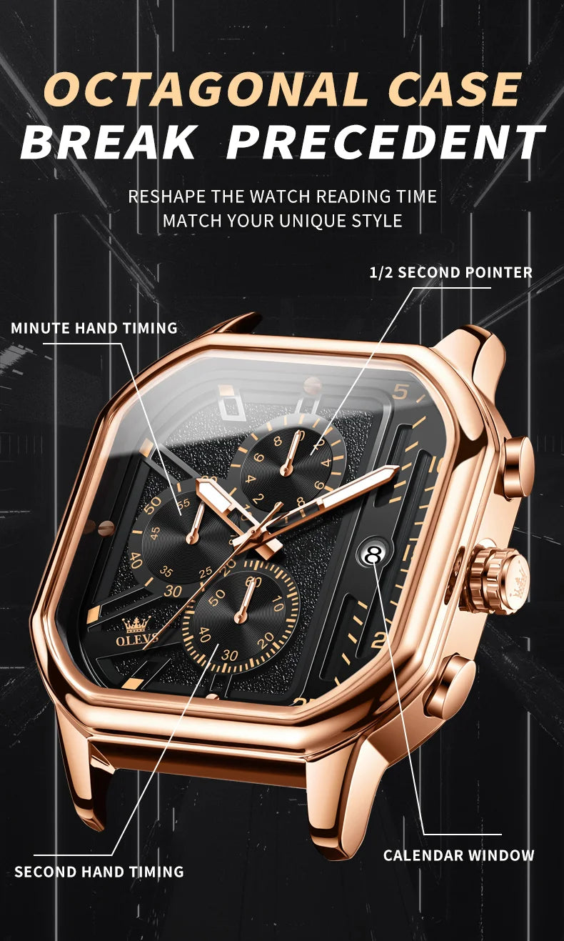 OLEVS 9950 Men's Watch - Square Sport, Waterproof, Leather Strap, Stopwatch, Backlight
