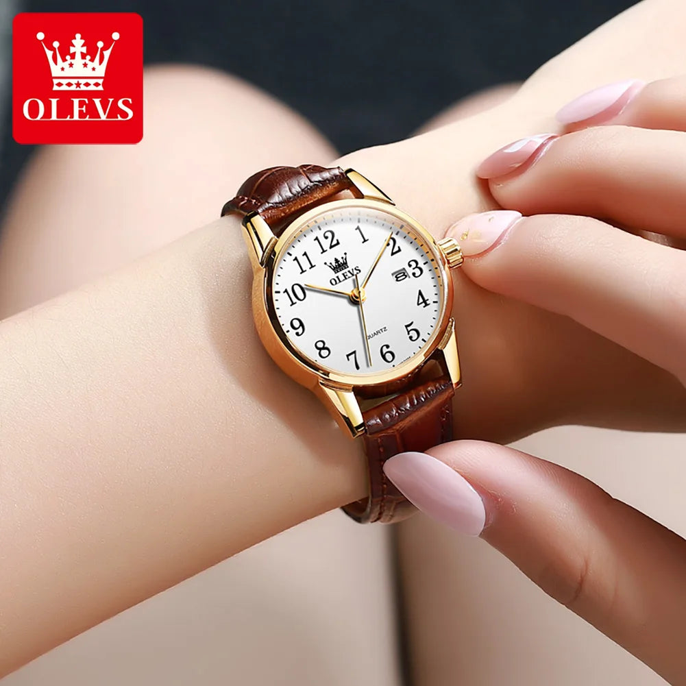 OLEVS 5566 Watch - Fashion Quartz, Leather Strap, Waterproof, Arabic Numeral, Men & Women
