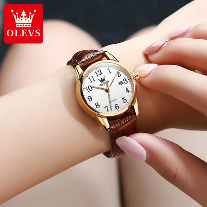 OLEVS 5566 Watch - Fashion Quartz, Leather Strap, Waterproof, Arabic Numeral, Men & Women