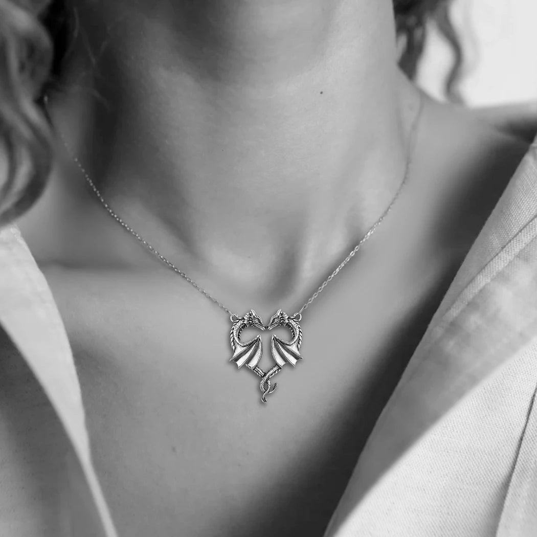 Dragon Heart Pendant Necklace – Stainless Steel, Silver, Love Symbol