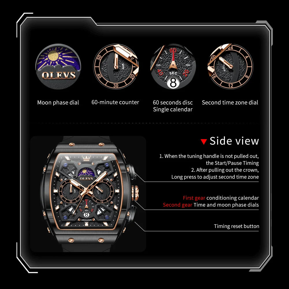 OLEVS 2492 Men's Watch - Tonneau Hollow Out, Moon Phase, Waterproof, Luminous, Silicone