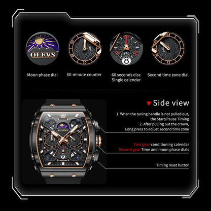 OLEVS 2492 Men's Watch - Tonneau Hollow Out, Moon Phase, Waterproof, Luminous, Silicone