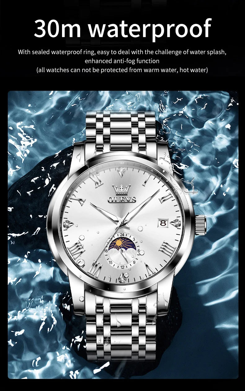 OLEVS Top Brand Men's Watches Fashion Original Quartz Watch for Man Waterproof Stainless Steel Luminous Wristwatch Moon Phase