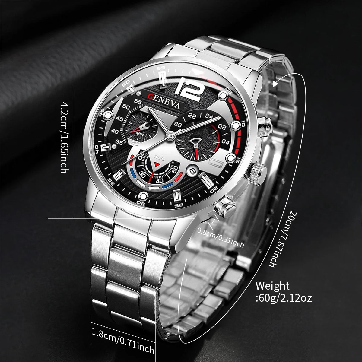 yolako 4pcs Men's Business Quartz Watch, Necklace, Bracelet & Ring Set - Alloy Band, Arabic Numeral, 42mm
