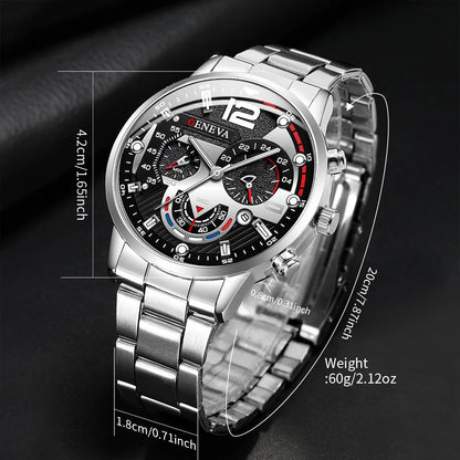 yolako 4pcs Men's Business Quartz Watch, Necklace, Bracelet & Ring Set - Alloy Band, Arabic Numeral, 42mm