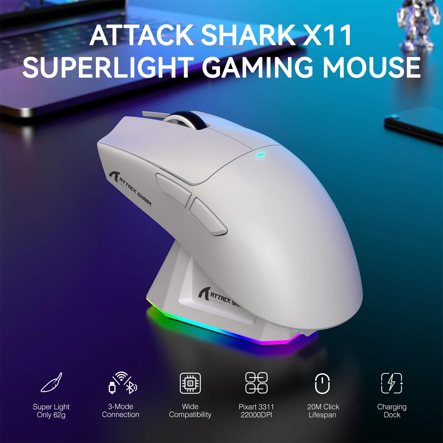 Attack Shark X11 Wireless Gaming Mouse - 22000 DPI, RGB, PAW3311 Sensor, Lightweight