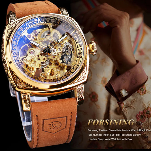 FORSINING Men’s Skeleton Automatic Watch with Genuine Leather Strap