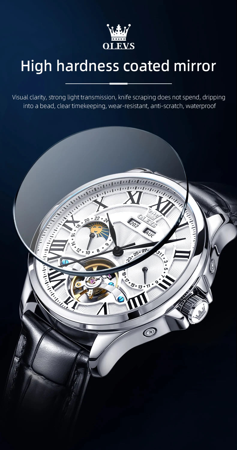 OLEVS 7013 Men's Watch - Moon Phase, Mechanical Automatic, Hollow Flywheel, Waterproof
