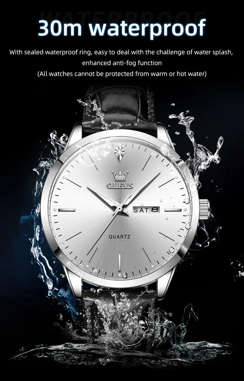 OLEVS 2935 Men's Watch - 43mm, Dual Calendar, Luminous, 3ATM Waterproof, Leather Strap