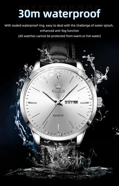 OLEVS 2935 Men's Watch - 43mm, Dual Calendar, Luminous, 3ATM Waterproof, Leather Strap