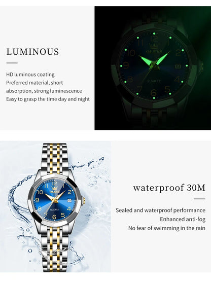 OLEVS 9970 Couple Watch - Luxury, Stainless Steel, Waterproof, Calendar, Digital Dial, Rhombus Mirror