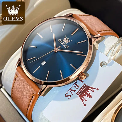 OLEVS 5869 Men's Watch - Ultra Thin 6.5mm, Minimalist, Leather Strap, Waterproof, Auto Date