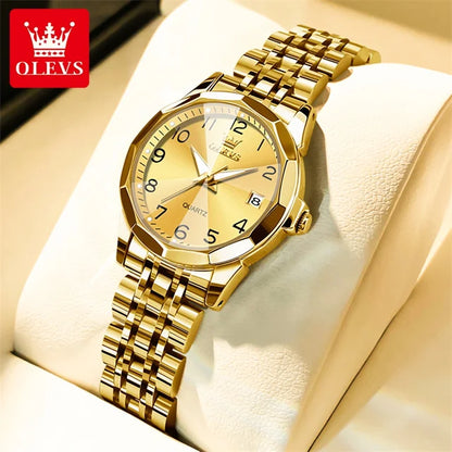 OLEVS 9970 Couple Watch - Luxury, Stainless Steel, Waterproof, Calendar, Digital Dial, Rhombus Mirror