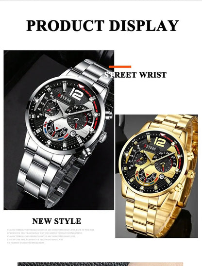 DEYROS 3pcs Men's Quartz Watch, Necklace & Bracelet Set - Stainless Steel, Hardlex, Auto Date