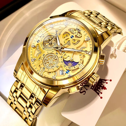 OLEVS 9947 Men's Watch - Luxury, Waterproof, Gold Skeleton, 24 Hour Day Night, Quartz