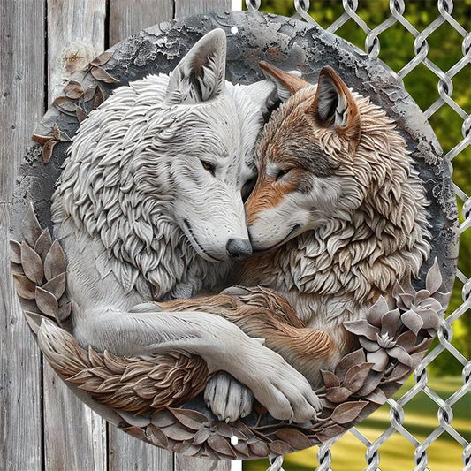Wolf Couple Metal Wall Art - 8" Aluminum Round