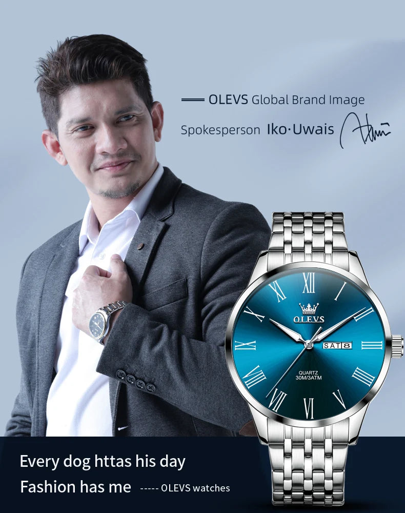 OLEVS 3633 Men's Watch - Business Simple, Waterproof, Luminous, Stainless Steel, Dual Calendar
