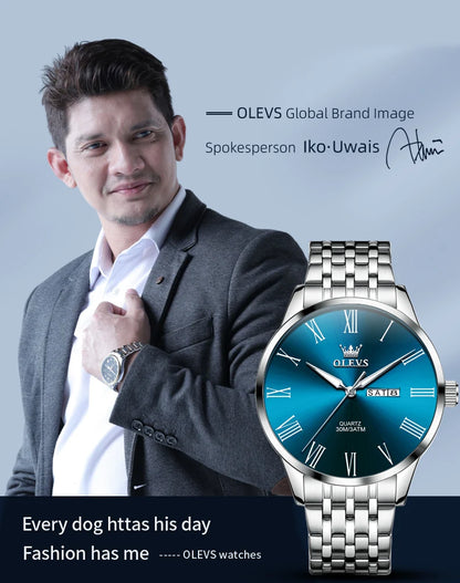OLEVS 3633 Men's Watch - Business Simple, Waterproof, Luminous, Stainless Steel, Dual Calendar