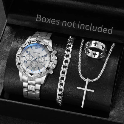 yolako 4pcs Men's Quartz Watch Jewelry Set - Watch, Bracelet, Necklace & Ring, 45mm, No Box