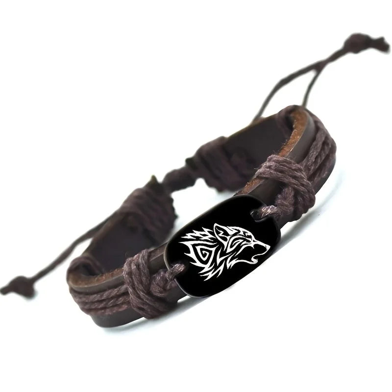 Wolf Pendant Leather Bracelet - Adjustable Tribal Wristband for Men