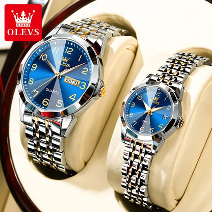 OLEVS 9970 Couple Watch - Luxury, Stainless Steel, Waterproof, Calendar, Digital Dial, Rhombus Mirror