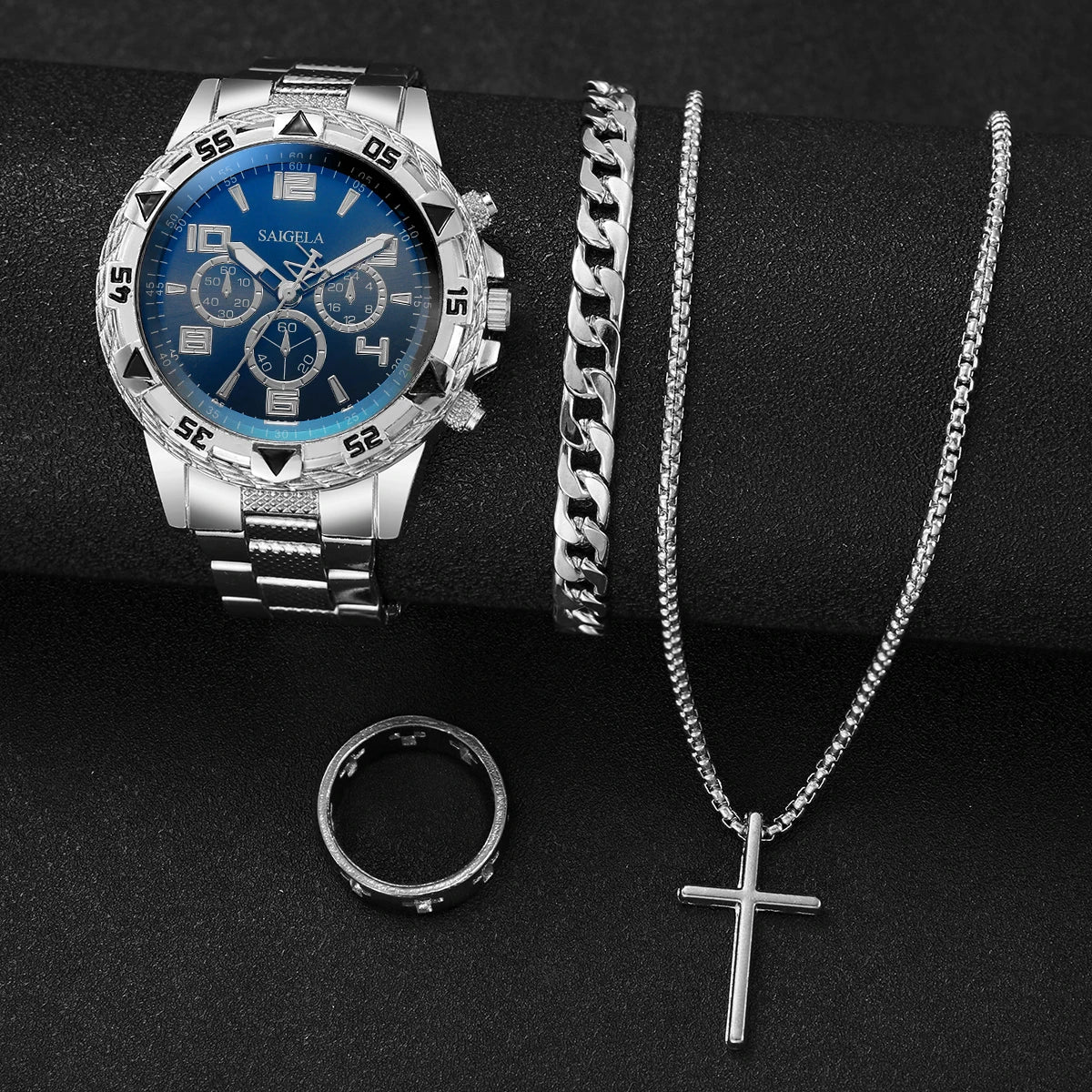 yolako 4pcs Men's Quartz Watch Jewelry Set - Watch, Bracelet, Necklace & Ring, 45mm, No Box