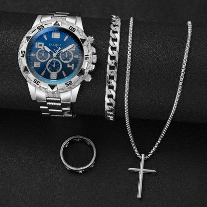 yolako 4pcs Men's Quartz Watch Jewelry Set - Watch, Bracelet, Necklace & Ring, 45mm, No Box