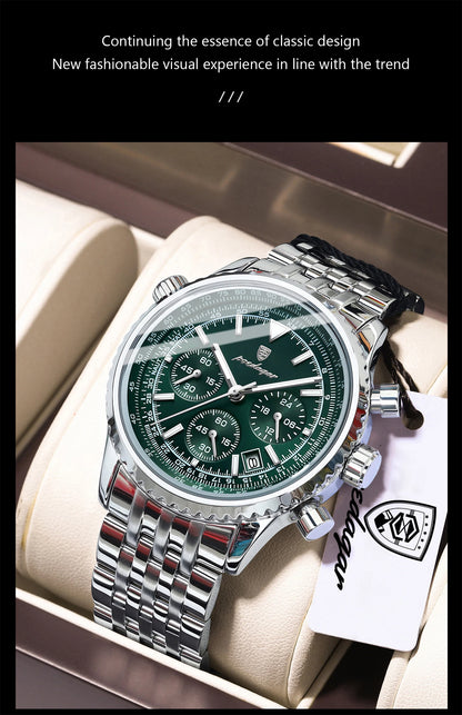 POEDAGAR 960 Men's Luxury Chronograph Watch - Stainless Steel, Luminous, 3ATM, Auto Date
