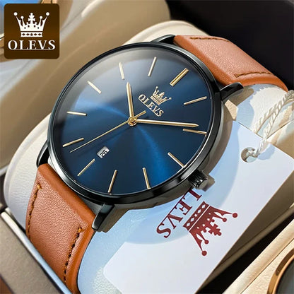 OLEVS 5869 Men's Watch - Ultra Thin 6.5mm, Minimalist, Leather Strap, Waterproof, Auto Date