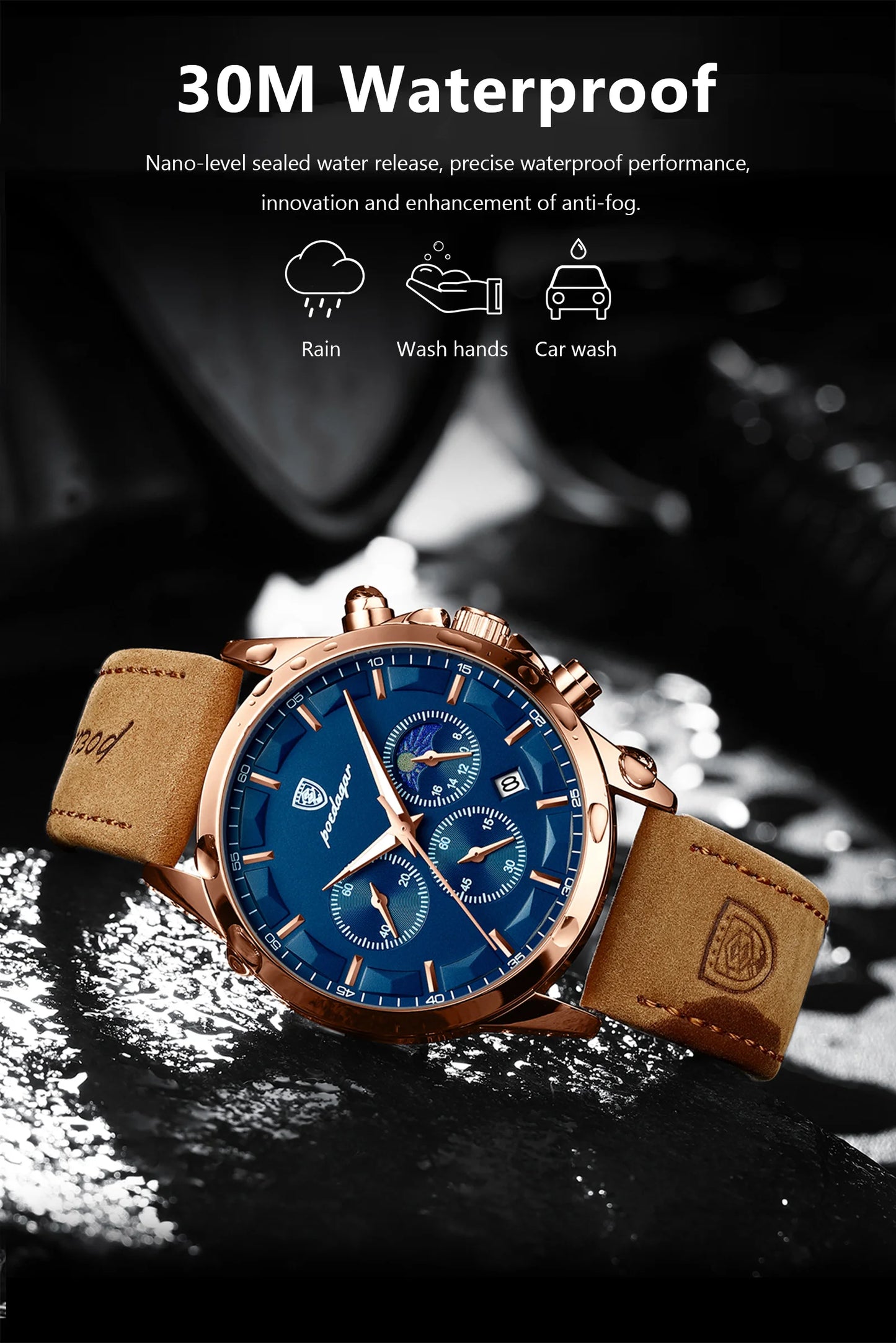POEDAGAR 928 Men's Luxury Sport Watch - Leather Band, Luminous, Diver, 3ATM, Auto Date