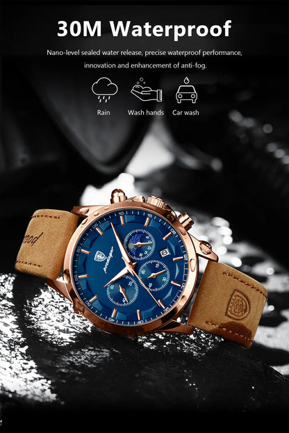 POEDAGAR 928 Men's Luxury Sport Watch - Leather Band, Luminous, Diver, 3ATM, Auto Date