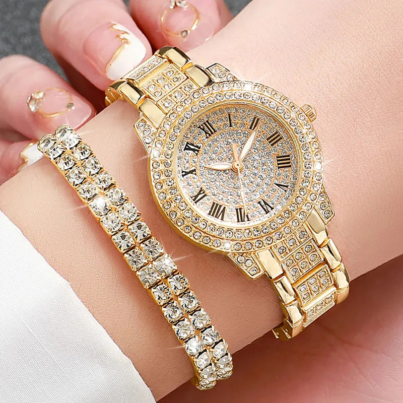 RUNERR Women's 6pcs Full Diamond Quartz Watch & Jewelry Set - Gold Steel Band, Roman Numeral, 30mm