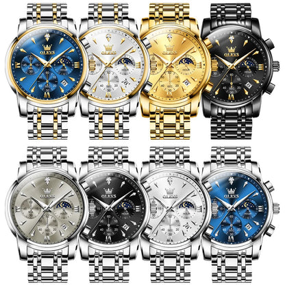 OLEVS Moon Phase Watch - Gold Blue Stainless Steel Chronograph