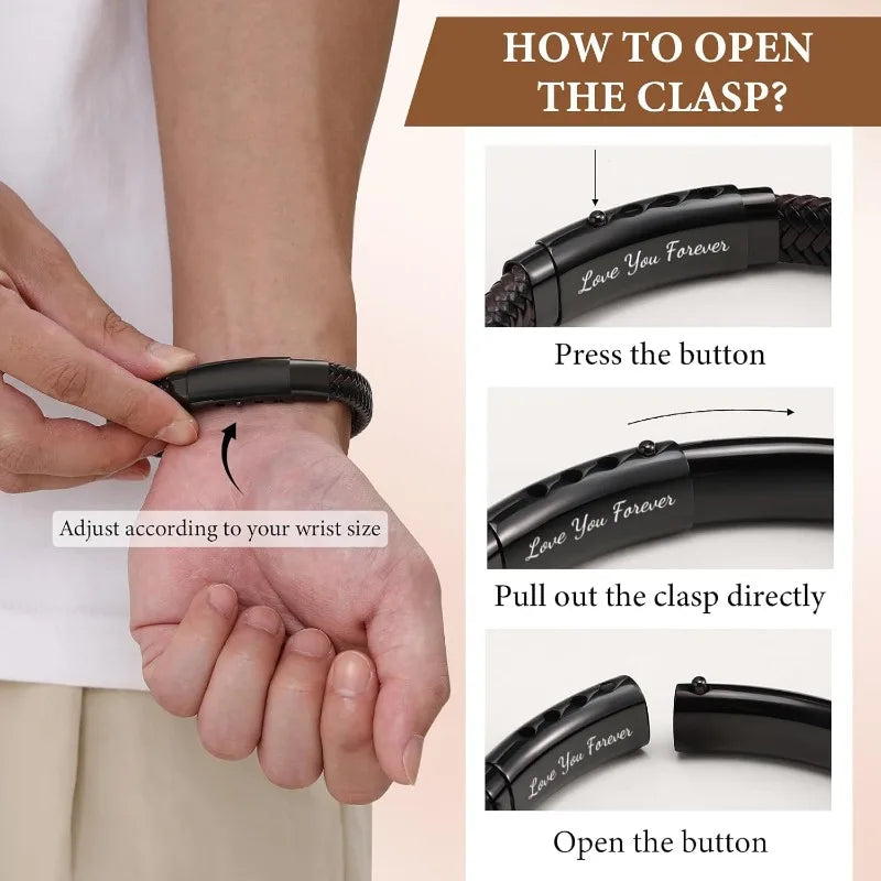 Braided Leather Bracelet - Engraved Gift for Men