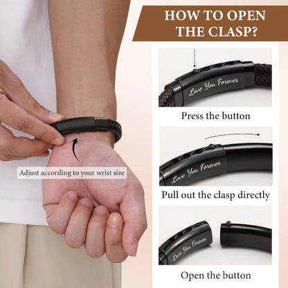 Braided Leather Bracelet - Engraved Gift for Men