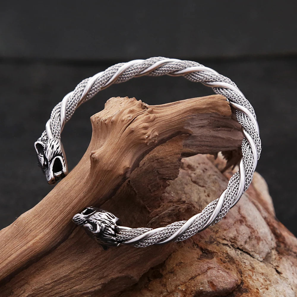 Viking Wolf Head Bracelet - Stainless Steel Open Cuff for Men
