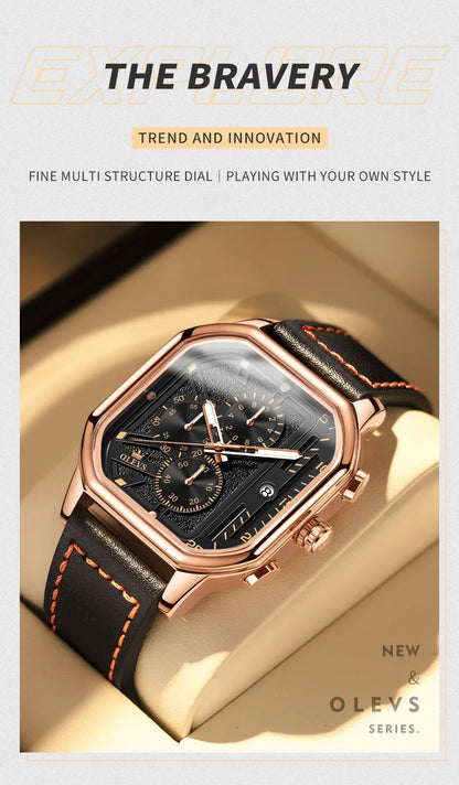OLEVS 9950 Men's Watch - Square Sport, Waterproof, Leather Strap, Stopwatch, Backlight