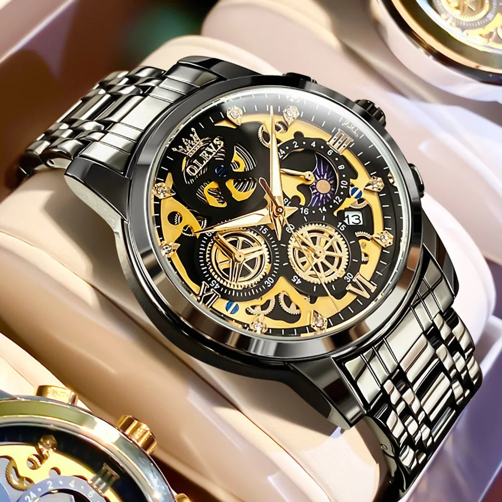 OLEVS 9947 Men's Watch - Luxury, Waterproof, Gold Skeleton, 24 Hour Day Night, Quartz