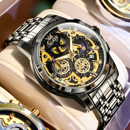 OLEVS 9947 Men's Watch - Luxury, Waterproof, Gold Skeleton, 24 Hour Day Night, Quartz
