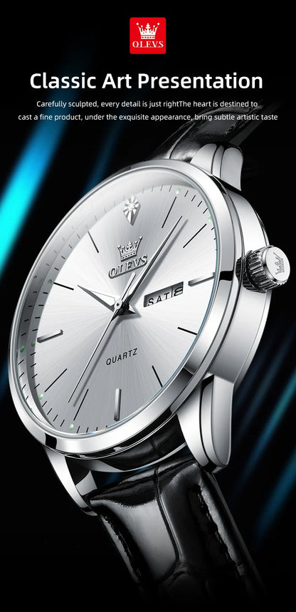 OLEVS 2935 Men's Watch - 43mm, Dual Calendar, Luminous, 3ATM Waterproof, Leather Strap