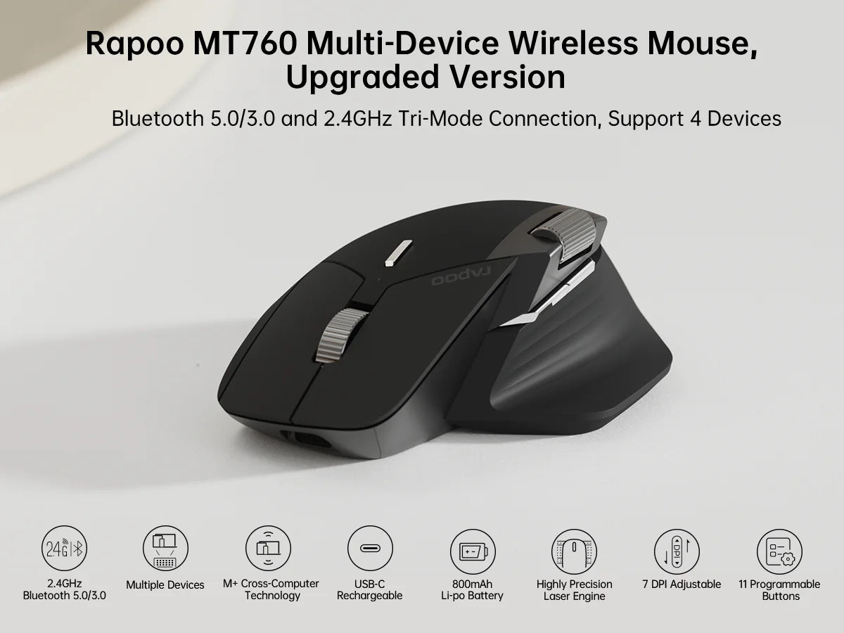 Rapoo MT760 Wireless Mouse - Multi-Device, 4000 DPI, Rechargeable, Bluetooth & 2.4GHz