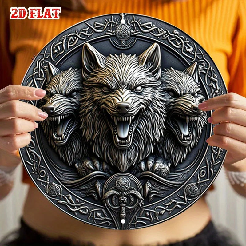Wolf Faces Aluminum Sign - 20cm Round Celtic Knotwork Metal Wall Art
